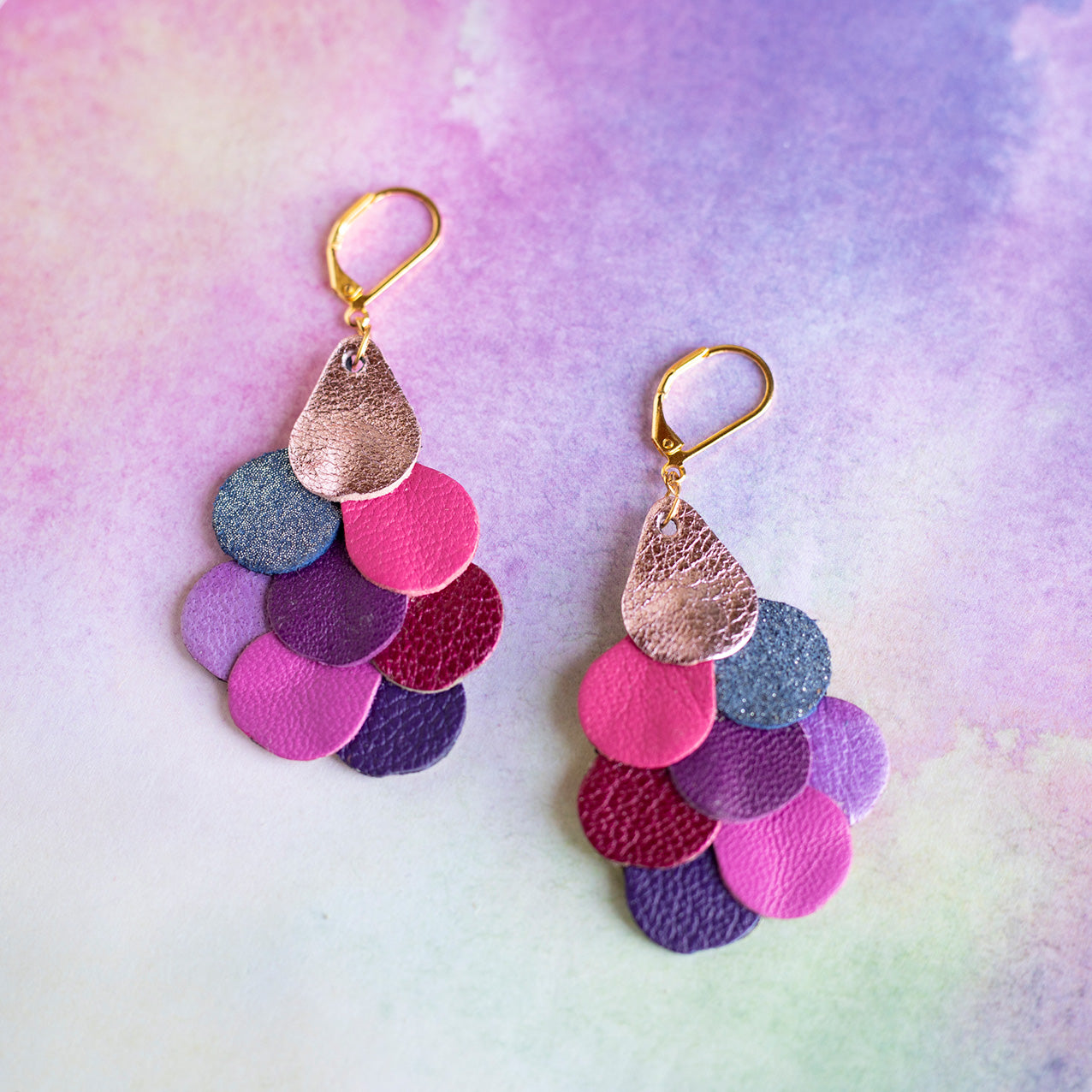 Pink, purple, fuchsia leather Mermaid earrings