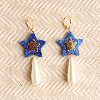 Boucles d'oreilles Etoiles cuir bleu et doré