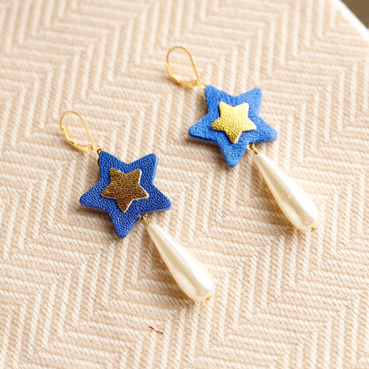 Boucles d'oreilles Etoiles cuir bleu et doré