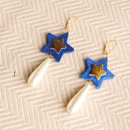 Boucles d'oreilles Etoiles cuir bleu et doré