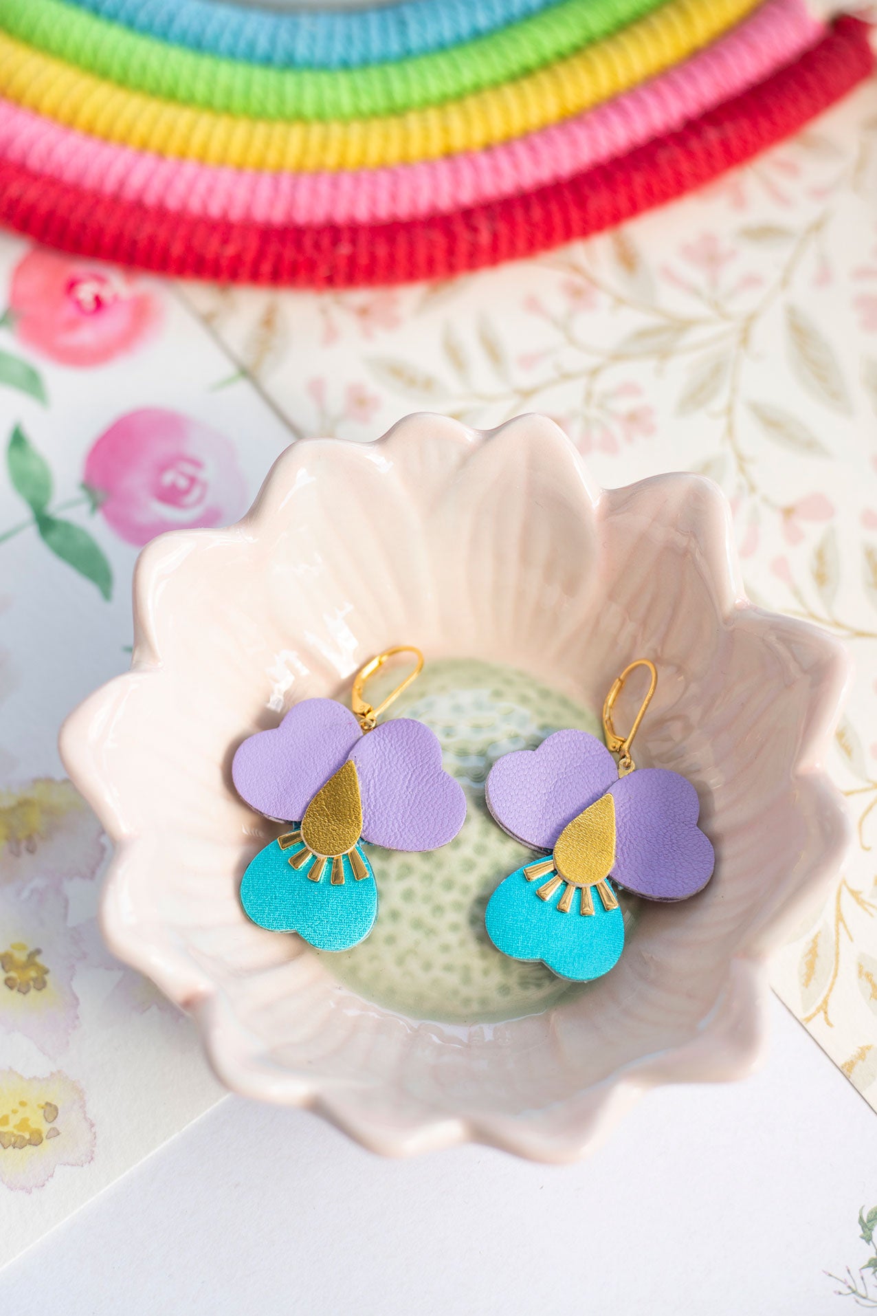 Boucles d’oreilles Pensées géantes - mauve et turquoise métallisé