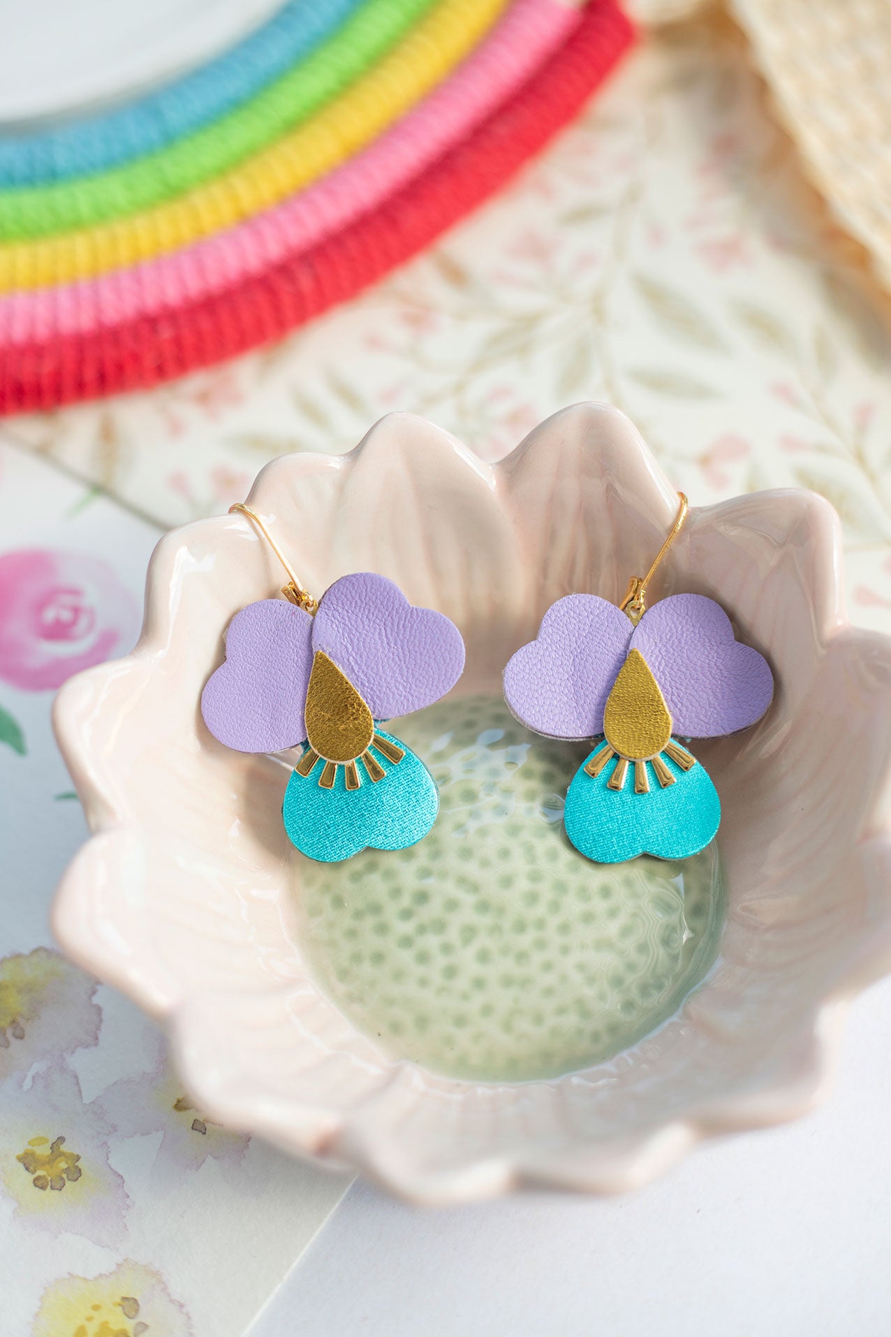 Boucles d’oreilles Pensées géantes - mauve et turquoise métallisé