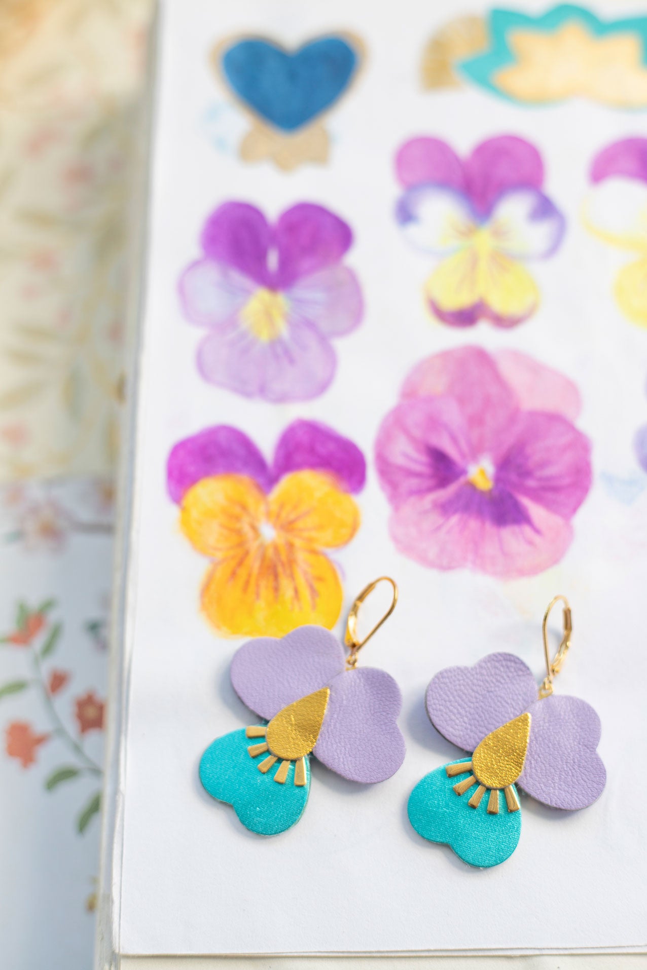 Boucles d’oreilles Pensées géantes - mauve et turquoise métallisé