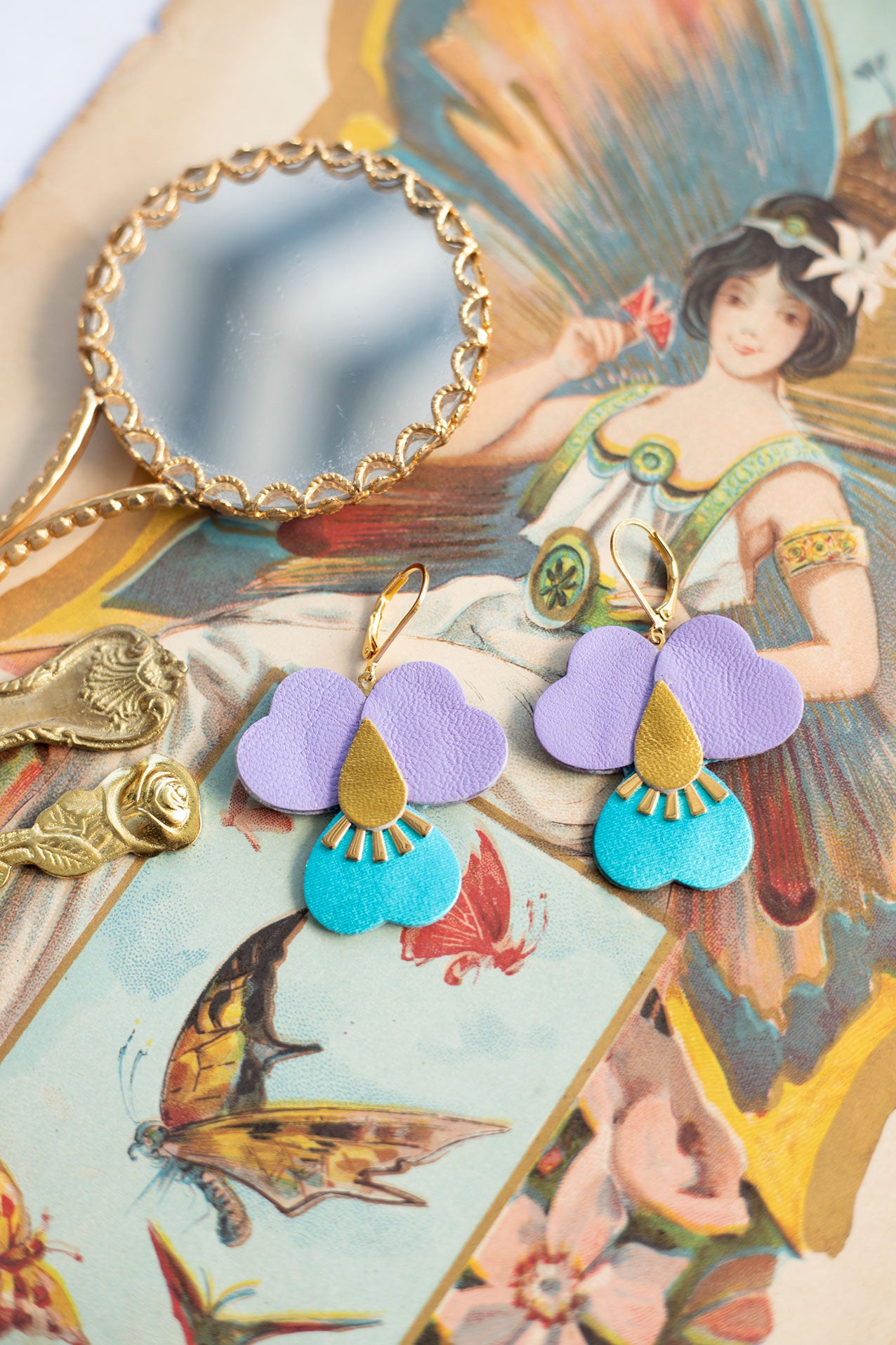 Boucles d’oreilles Pensées géantes - mauve et turquoise métallisé