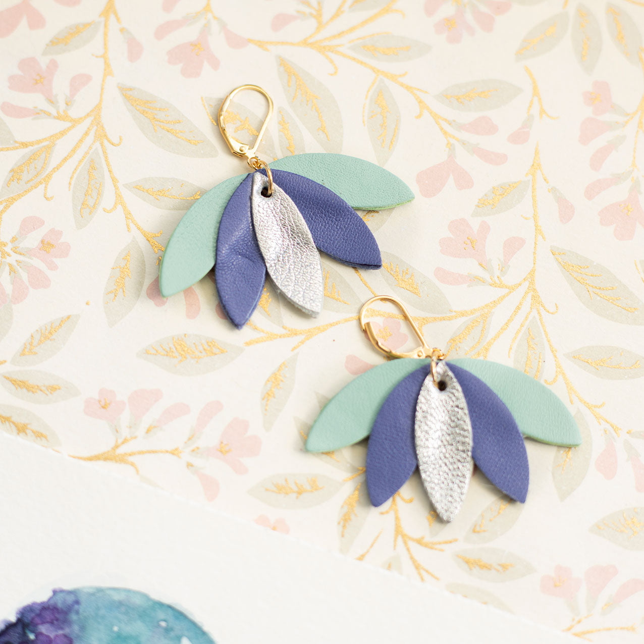 Palm tree earrings in coral cyan blue gold leather