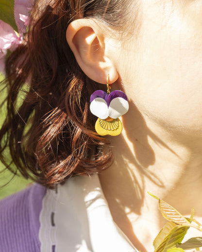 Boucles d’oreilles Pensées - violet orange et jaune