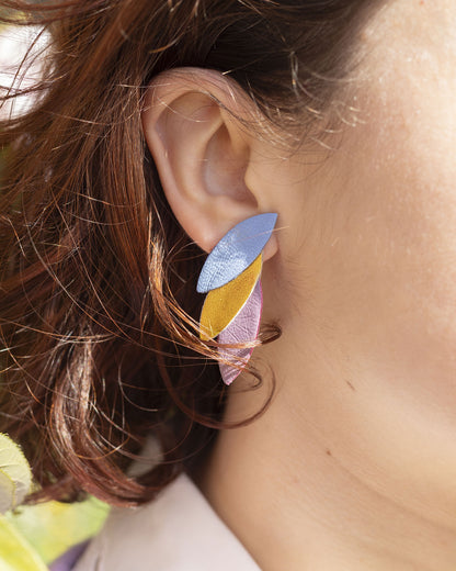 Gold blue and mauve leather stud earrings