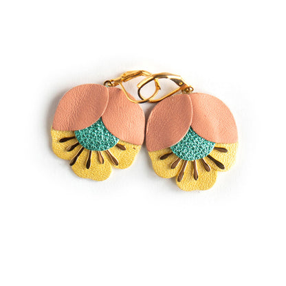 Boucles d'oreilles Fleur de Cerisier cuir jaune aurore, turquoise métallisé, jaune nacré