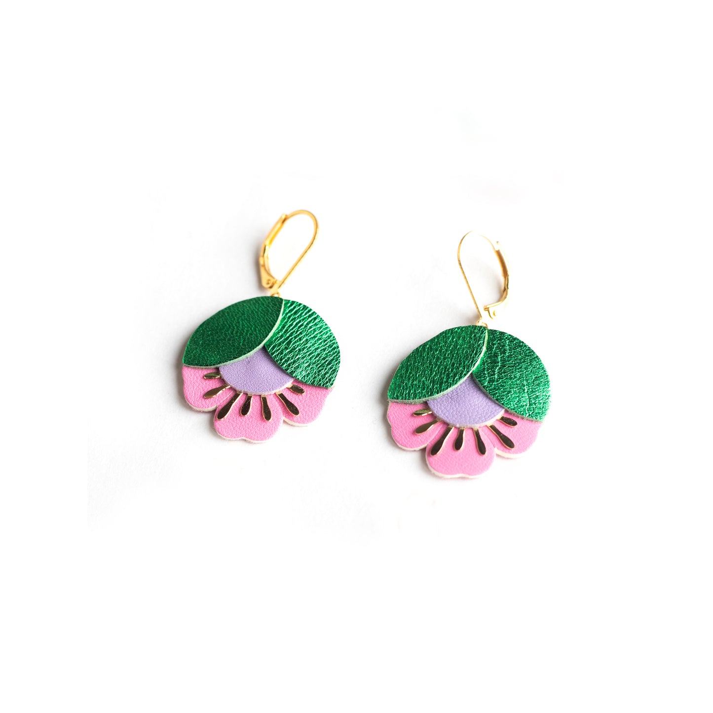 Boucles d'oreilles Fleur de Cerisier cuir vert métallisé, mauve, rose bonbon