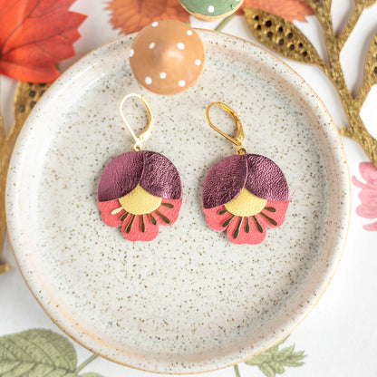 Boucles d'oreilles Fleur de Cerisier cuir prune, jaune, rose