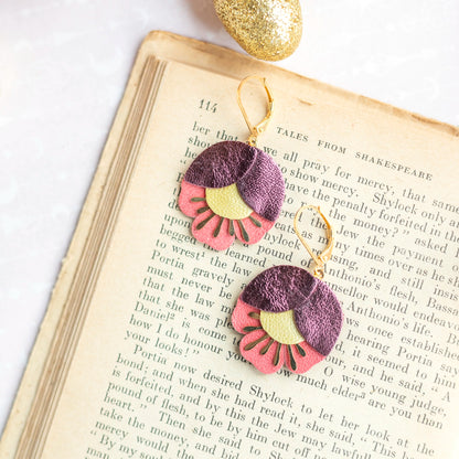 Boucles d'oreilles Fleur de Cerisier cuir prune, jaune, rose