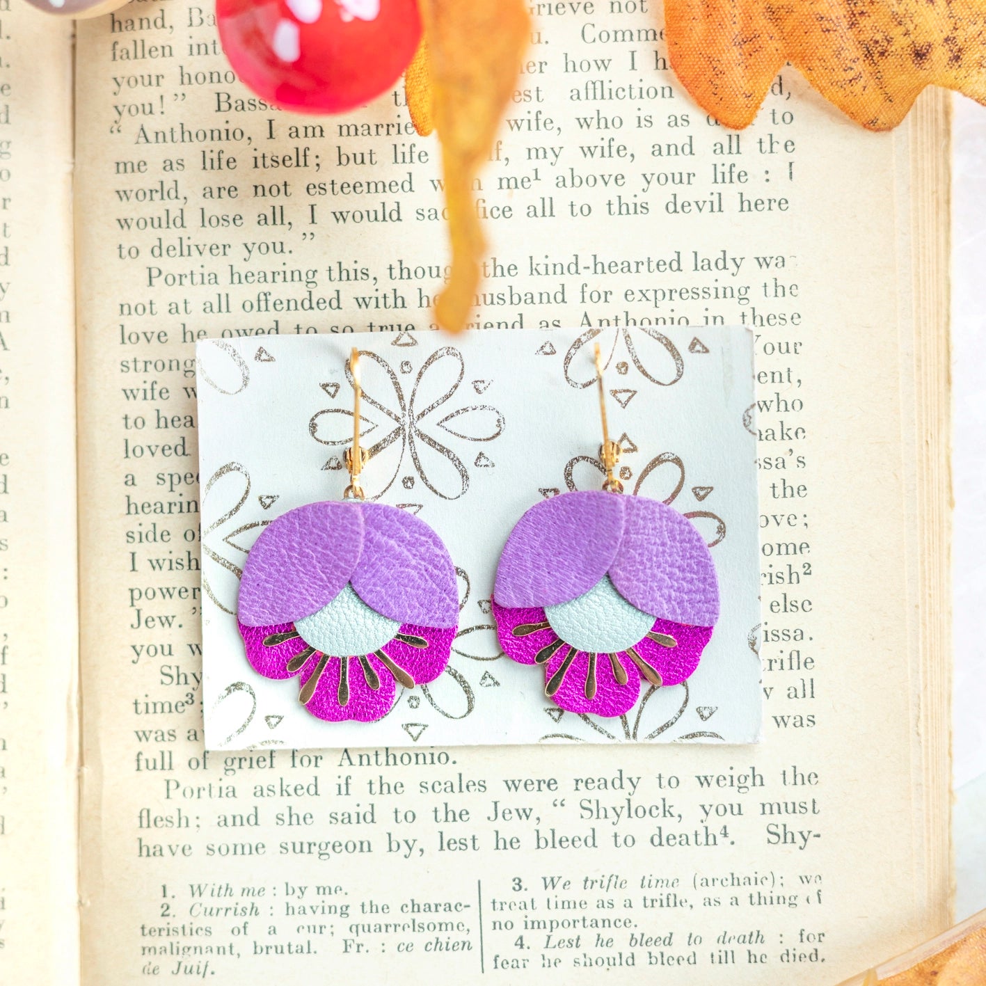 Boucles d'oreilles Fleur de Cerisier cuir parme, opaline, fuchsia