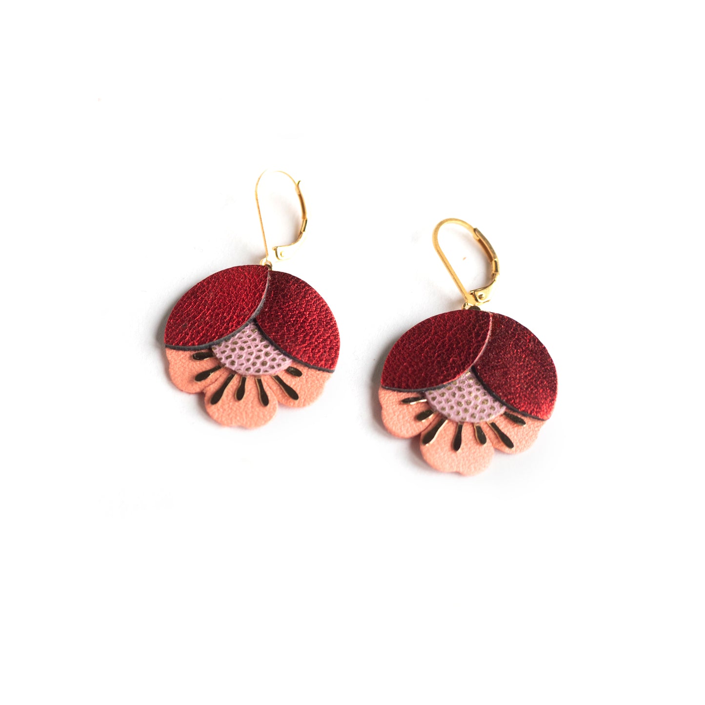 Boucles d'oreilles Fleur de Cerisier cuir rouge métallisé, rose à pois dorés, saumon