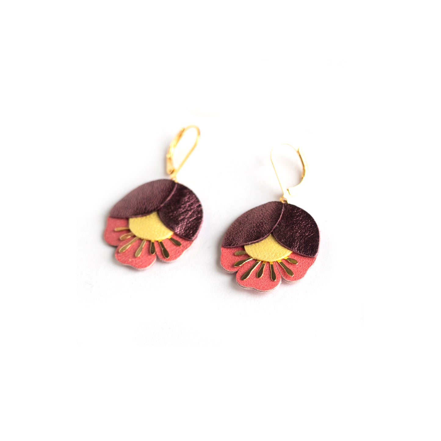 Boucles d'oreilles Fleur de Cerisier cuir prune, jaune, rose