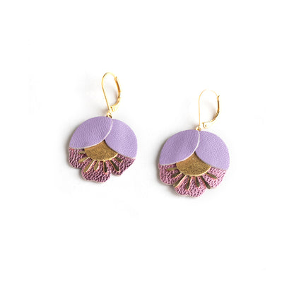 Boucles d'oreilles Fleur de Cerisier cuir mauve, doré, lilas métallisé