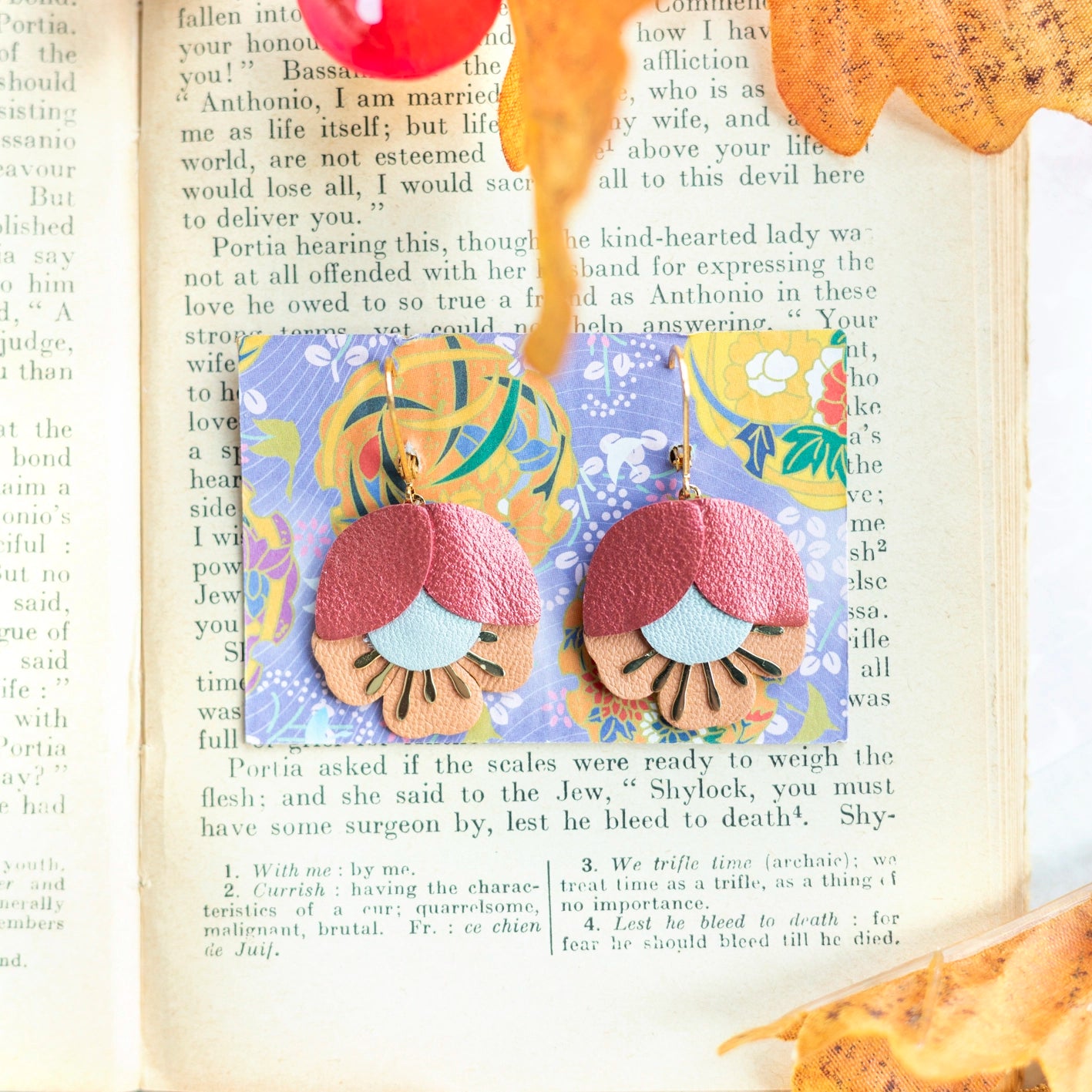 Boucles d'oreilles Fleur de Cerisier cuir cuivré, opaline, jaune aurore