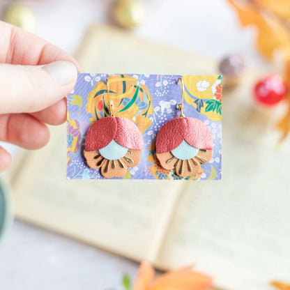 Boucles d'oreilles Fleur de Cerisier cuir cuivré, opaline, jaune aurore