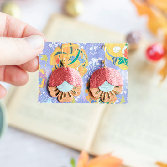 Boucles d'oreilles Fleur de Cerisier cuir cuivré, opaline, jaune aurore