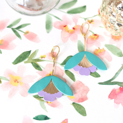 Boucles d'oreilles Fleur de Ginkgo bleu lagon et mauve