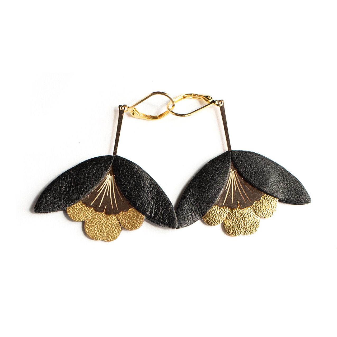 Boucles d'oreilles Fleur de Ginkgo cuir noir et bronze