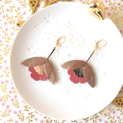 Boucles d'oreilles Fleur de Ginkgo cuir bronze et rouge cuivré