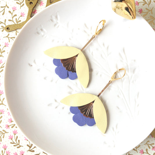 Ginkgo Flower earrings in pale yellow and campanula blue leather