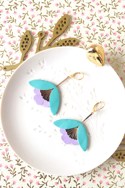 Boucles d'oreilles Fleur de Ginkgo bleu lagon et mauve