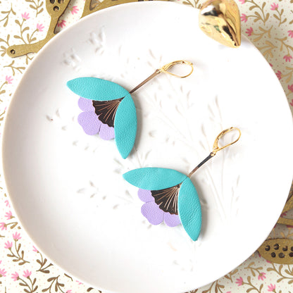 Boucles d'oreilles Fleur de Ginkgo bleu lagon et mauve