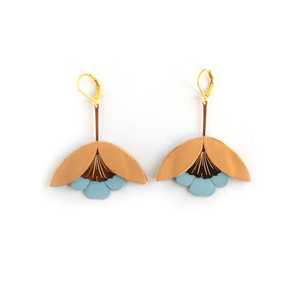 Boucles d'oreilles Fleur de Ginkgo cuir jaune aurore et bleu turquoise