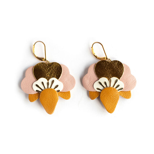 Orchid earrings - ocher, white, gold, pearly pink