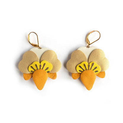 Boucles d’oreilles Orchidées - jaune moutarde, jaune, or mat, blanc