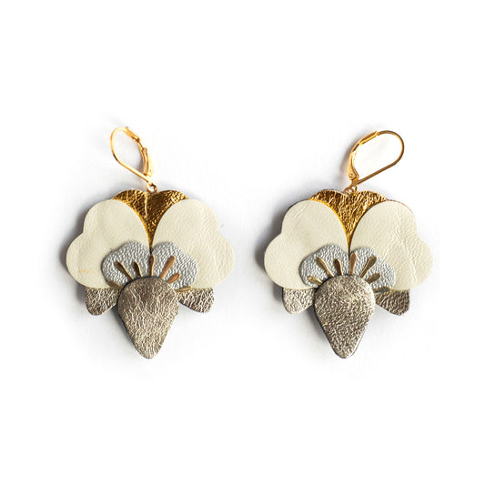 Boucles d'oreilles Orchidées - argenté, blanc nacré, doré