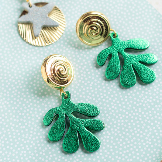 Boucles d'oreilles Algues - cuir vert