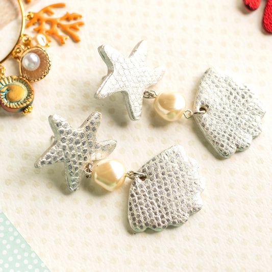 Boucles d'oreilles Poséidon - cuir écailles d'argent
