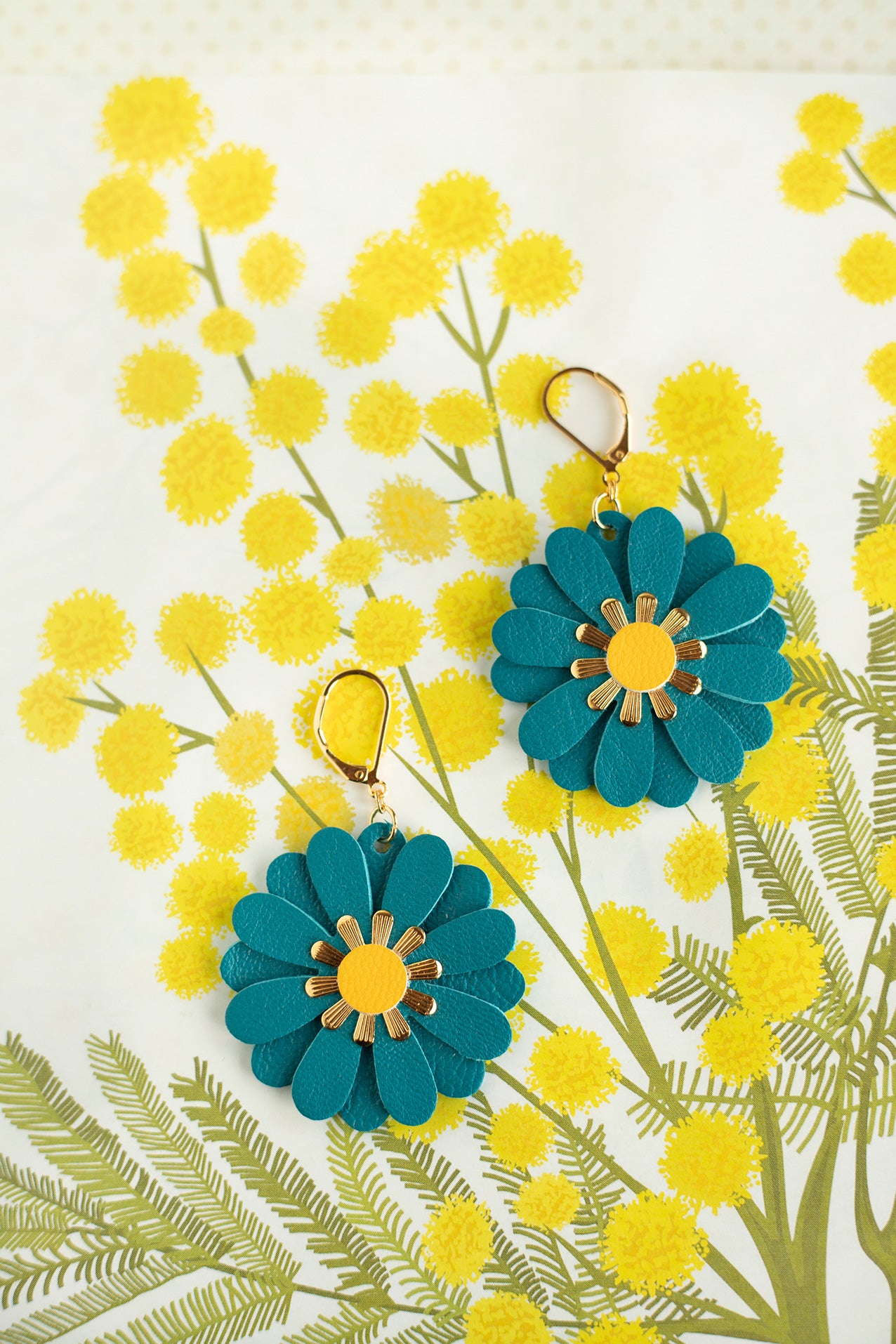 Zinnia flower earrings - duck blue and yellow leather