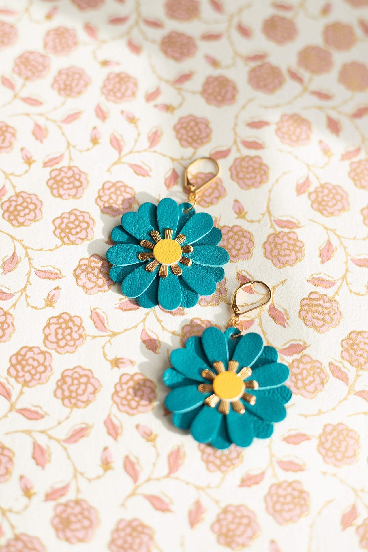 Zinnia flower earrings - duck blue and yellow leather