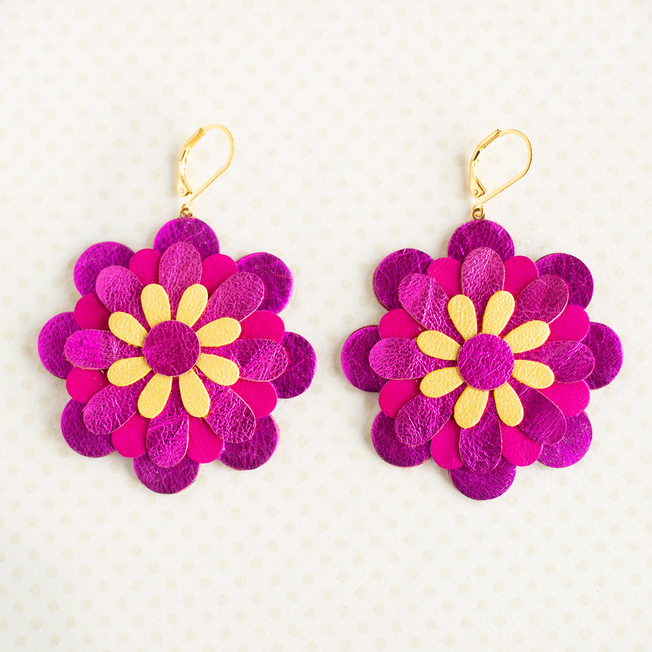 Zinnia flower earrings - metallic fuchsia pink leather