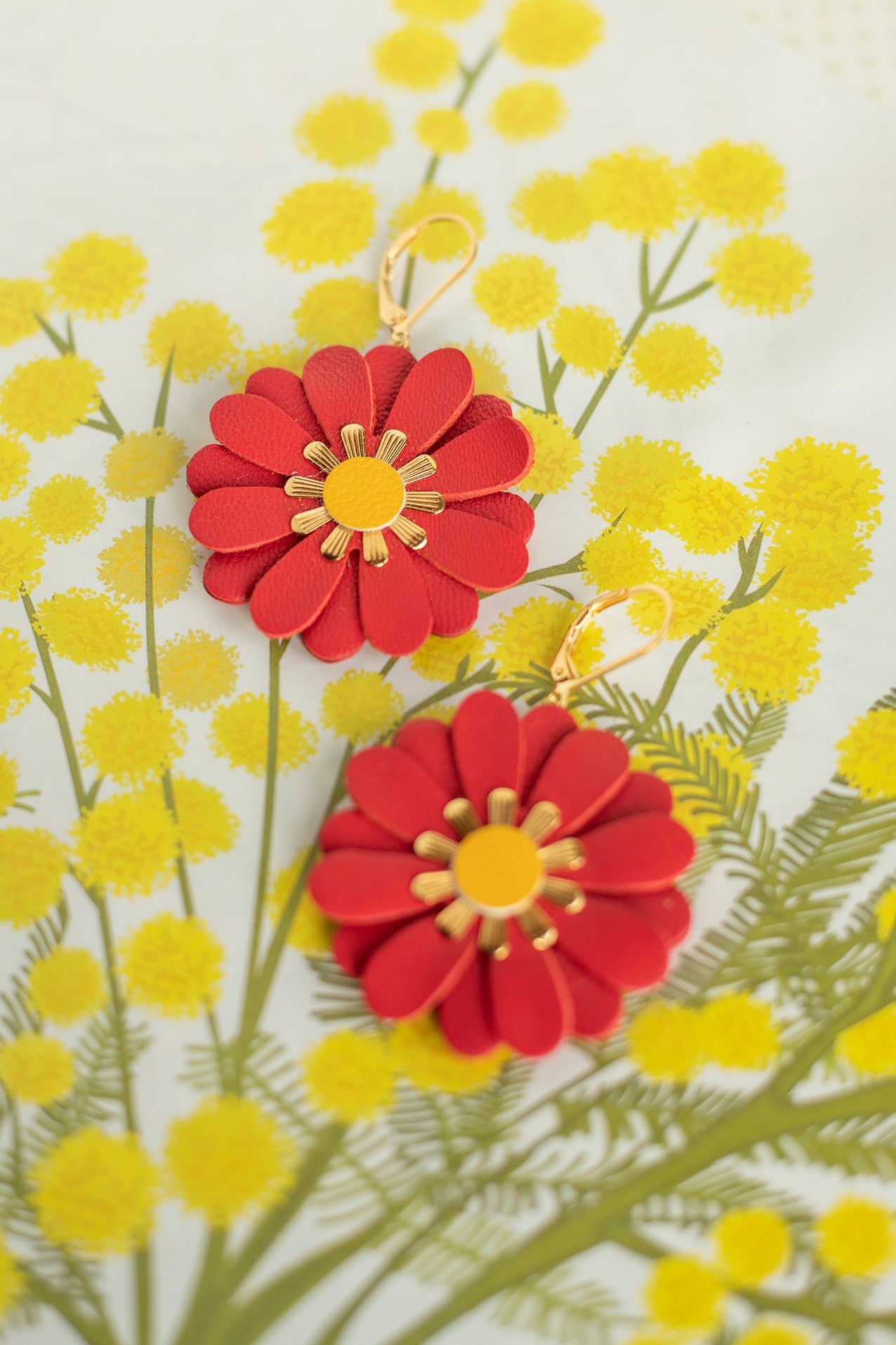 Zinnia flower earrings - bright red and yellow leather