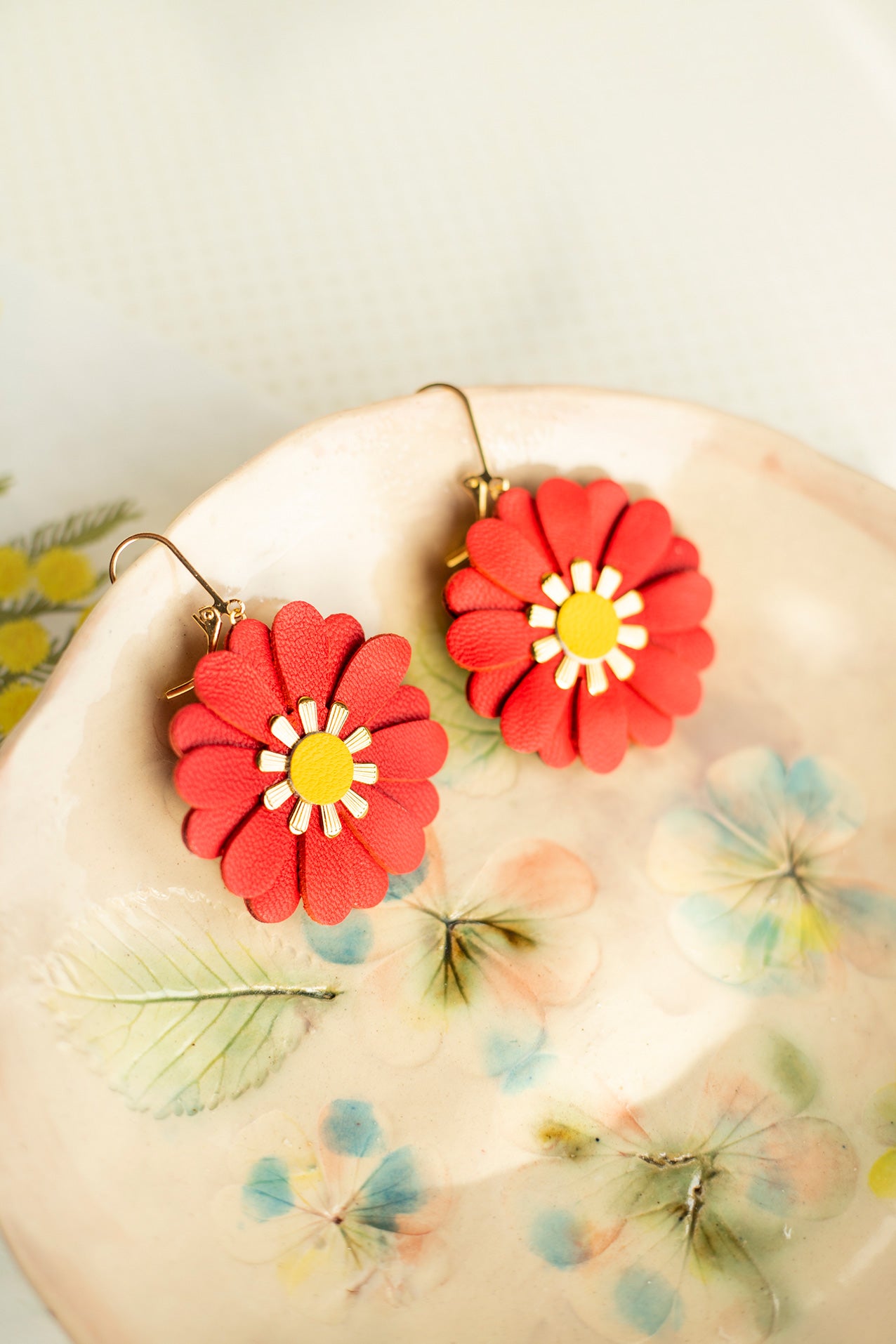 Zinnia flower earrings - bright red and yellow leather