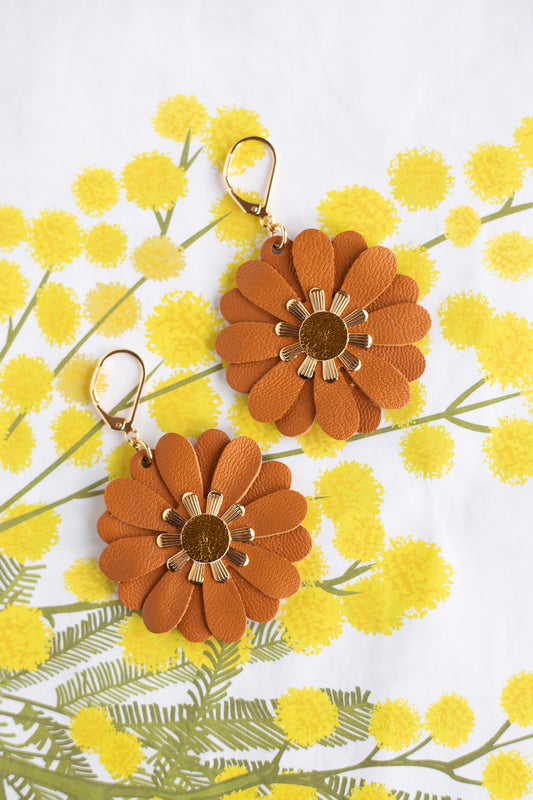 Zinnia flower earrings - tobacco brown leather