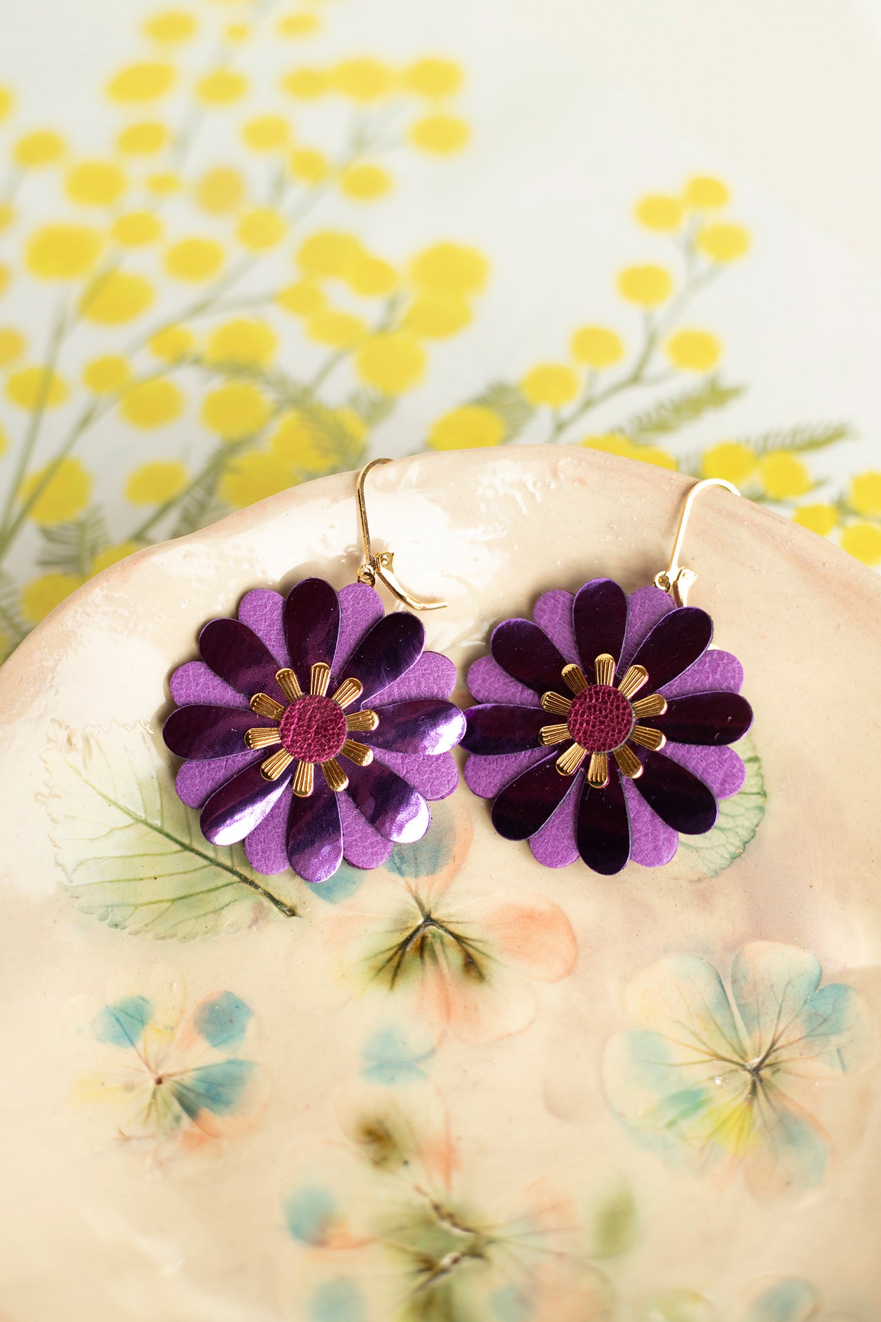 Zinnia flower earrings - metallic purple leather and amethyst