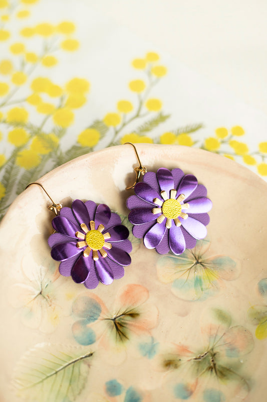 Zinnia flower earrings - metallic purple and dark purple leather