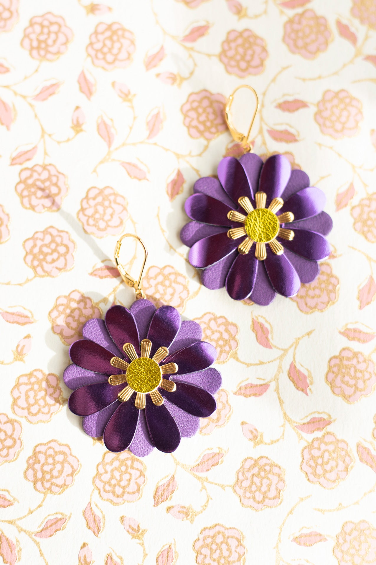 Zinnia flower earrings - metallic purple and dark purple leather