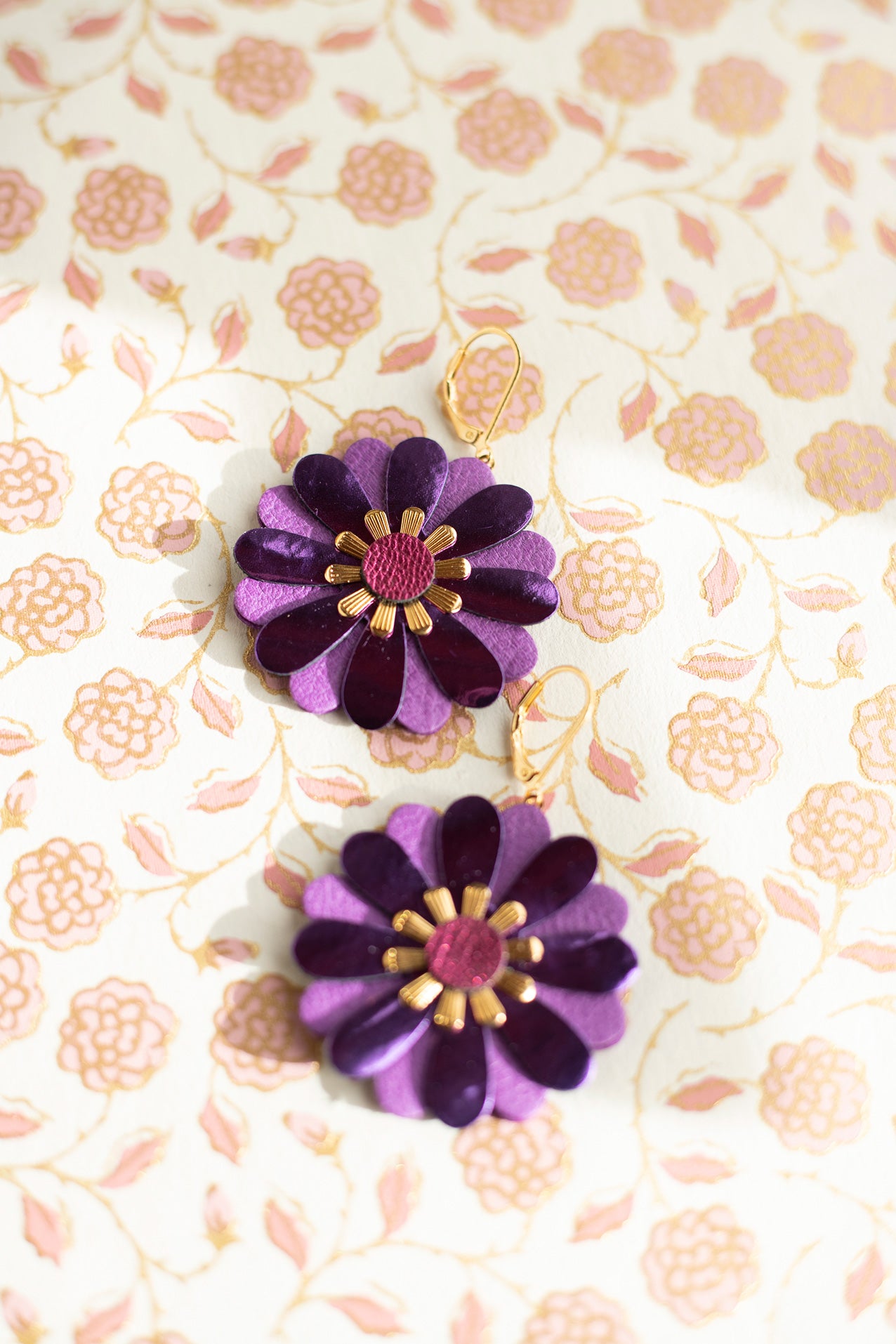 Zinnia flower earrings - metallic purple leather and amethyst