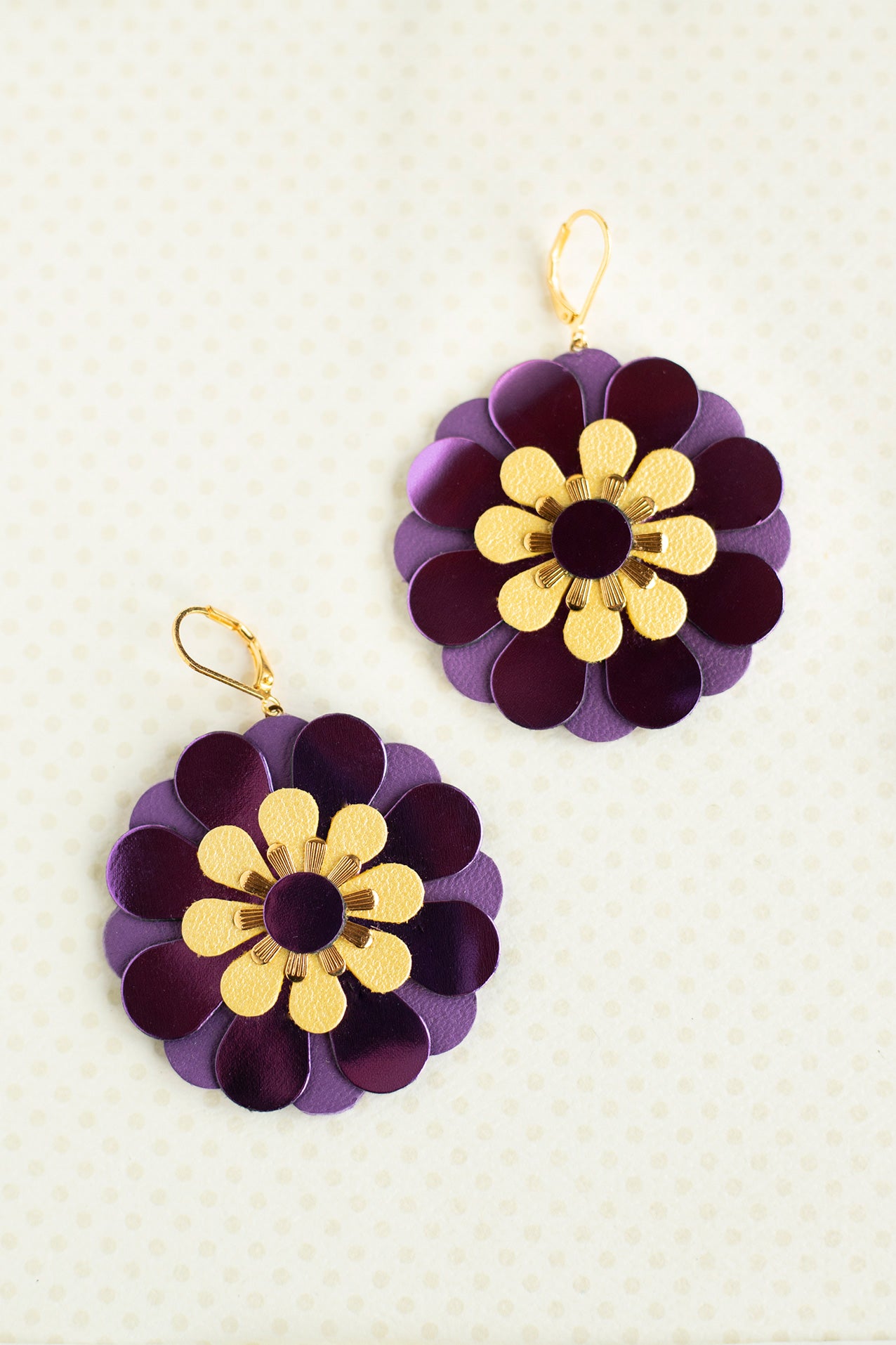 Zinnia flower earrings - metallic purple and yellow leather