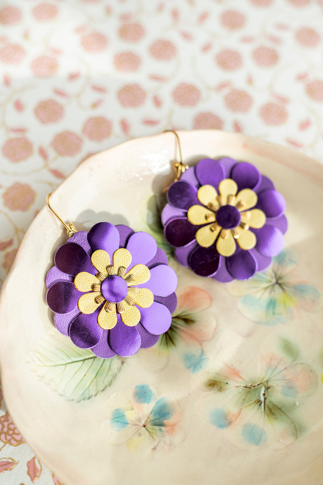 Zinnia flower earrings - metallic purple and yellow leather