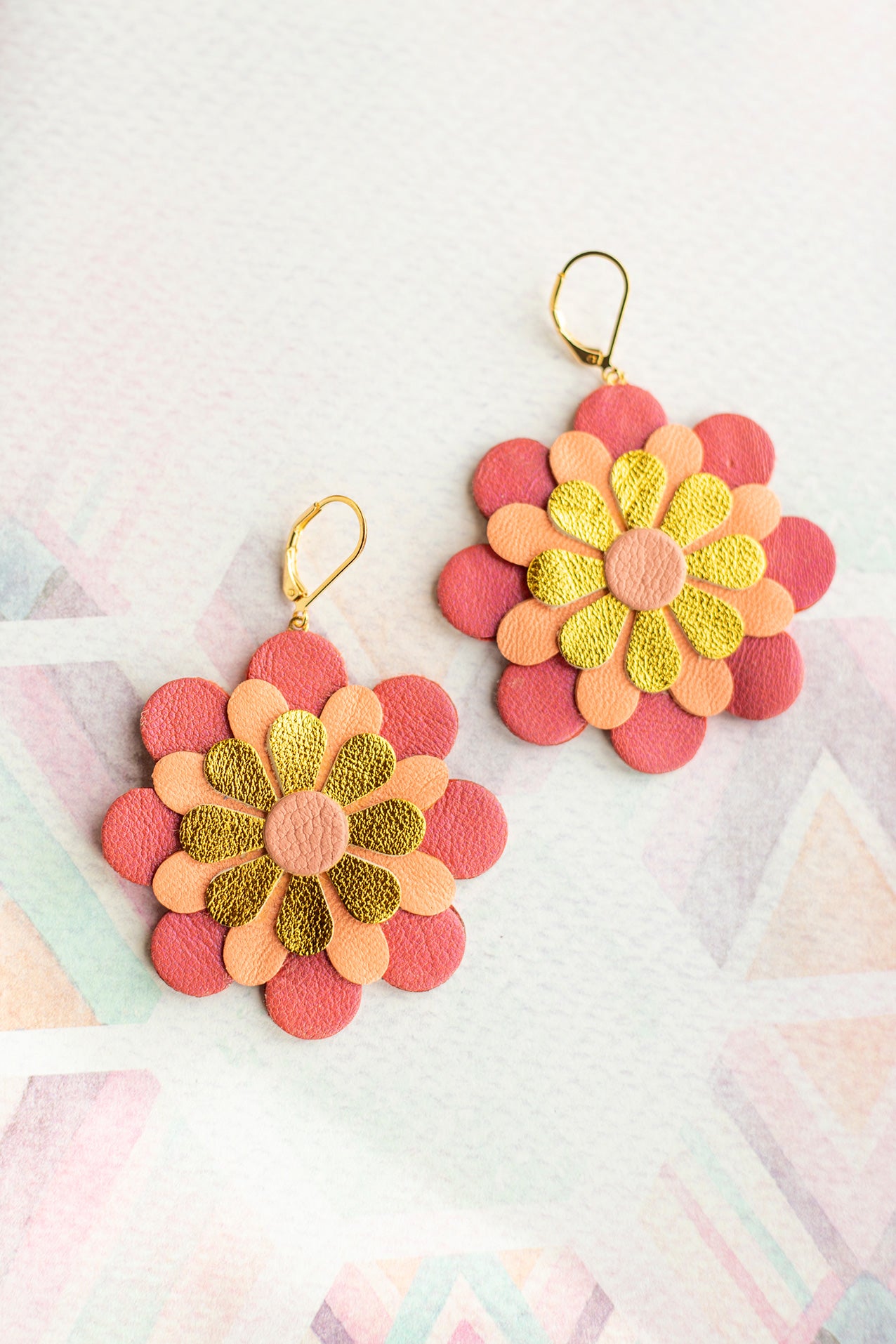 Zinnia flower earrings - gold leather, salmon pink and raspberry