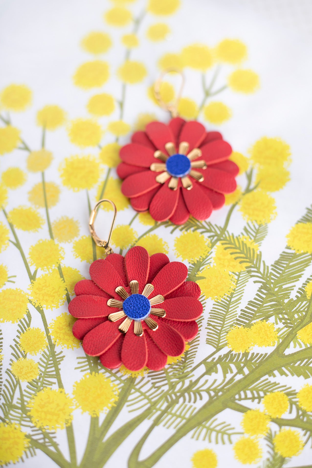 Zinnia flower earrings - bright red leather and metallic blue