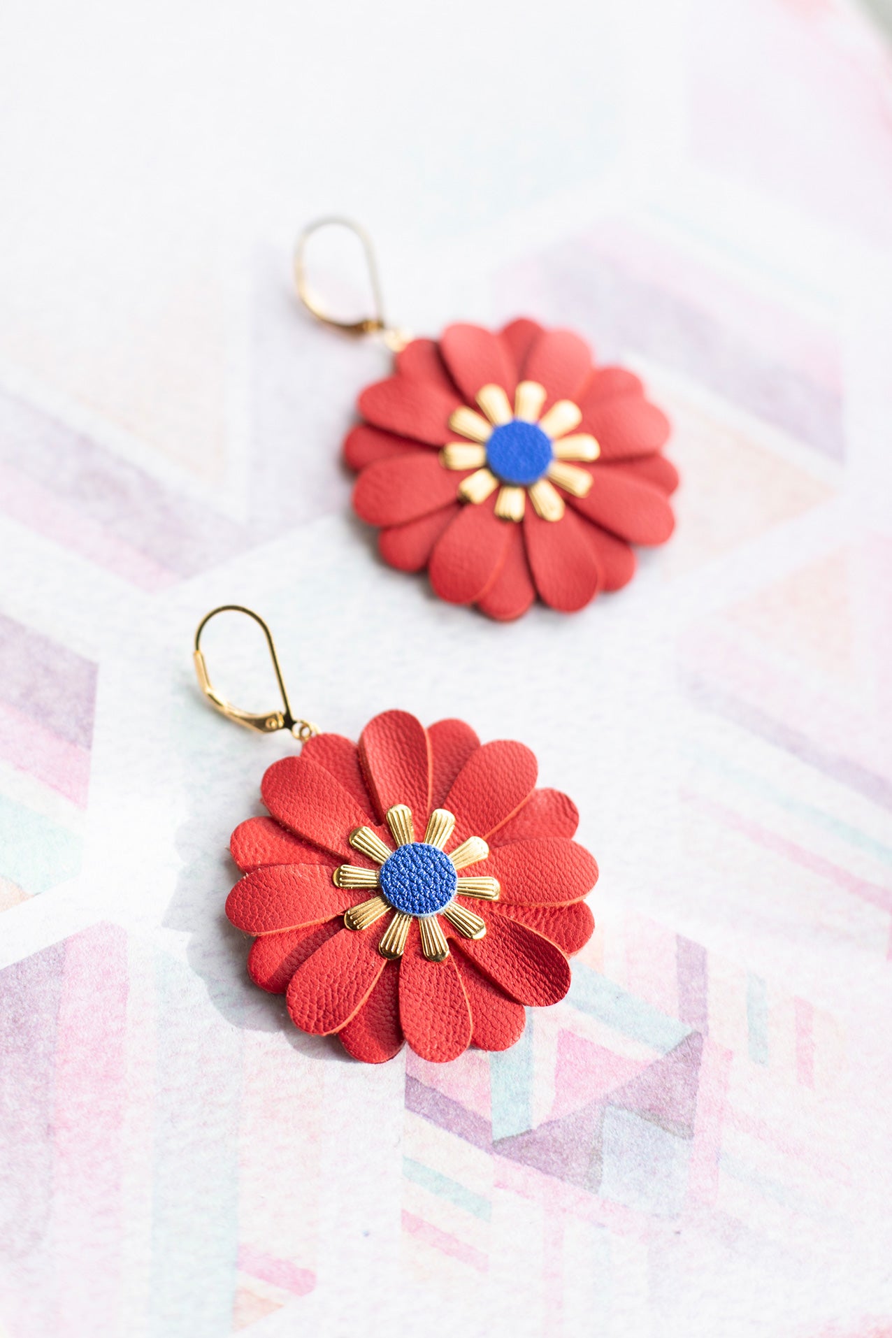 Zinnia flower earrings - bright red leather and metallic blue