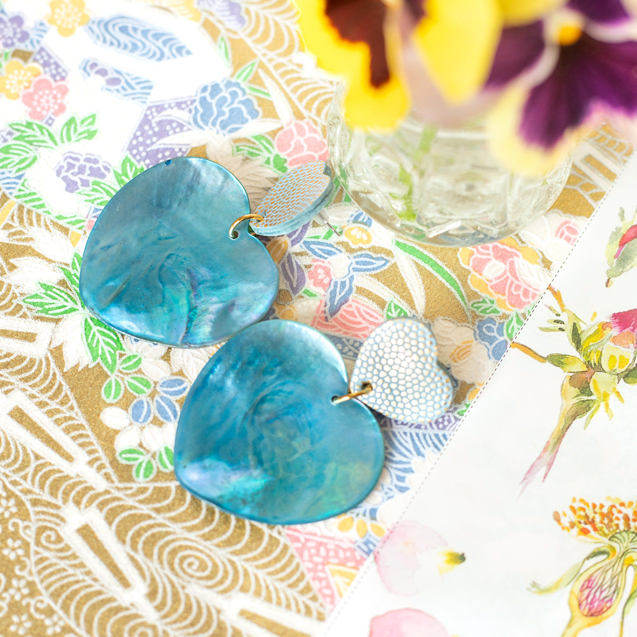 Double Hearts earrings in blue leather with gold polka dots and blue mother-of-pearl hearts
